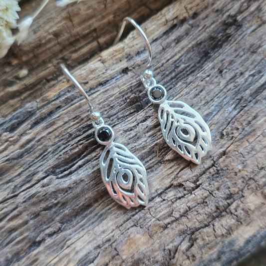 Boucles d'oreilles en Obsidienne noire - plume - Argent 925