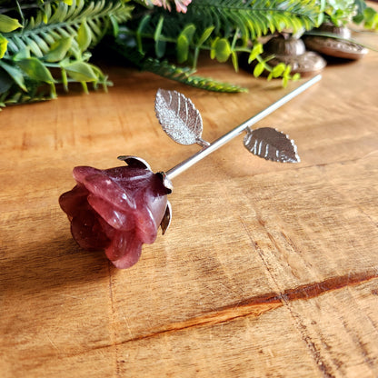 Rose en Quartz fraise - tige argentée