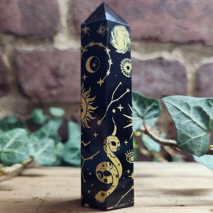 Tour en Obsidienne Noire gravée - Dorée - n°3