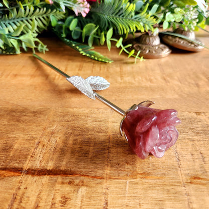 Rose en Quartz fraise - tige argentée