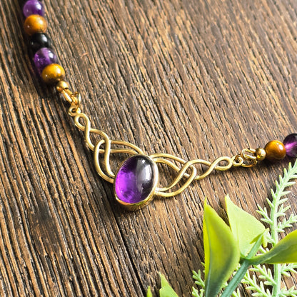 Collier "Valkyria" en Améthyste, Œil de tigre et Obsidienne noire
