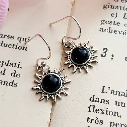 Boucles d'oreilles en Obsidienne noire - Soleil - Argent 925