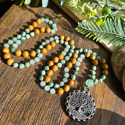 Mala Terre - Ancrage profond - Bois fossile, Agate arbre et Aventurine verte - Arbre de vie