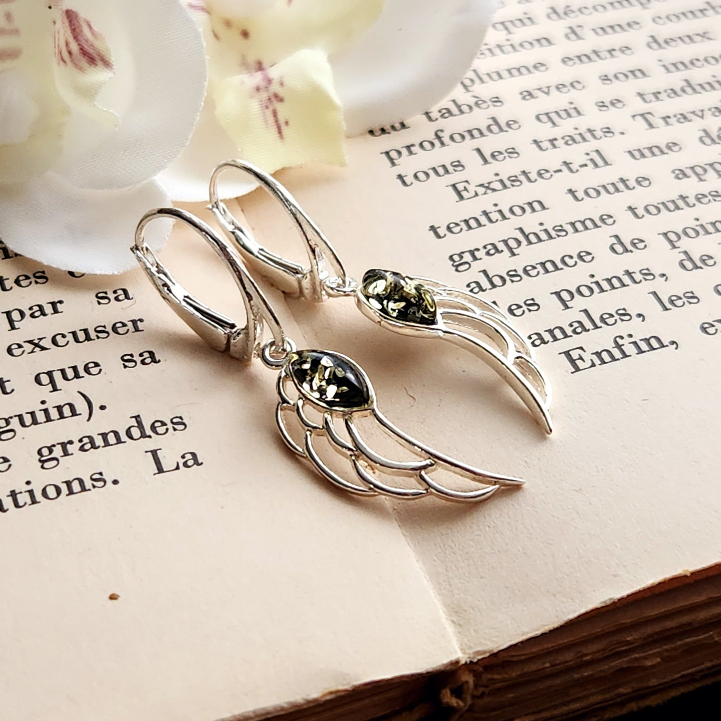 Boucles d'oreilles en Ambre vert - Ailes d'ange - Argent 925