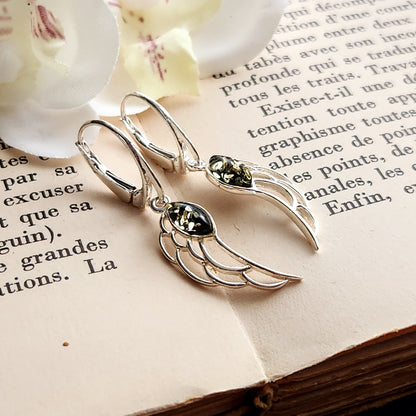 Boucles d'oreilles en Ambre vert - Ailes d'ange - Argent 925