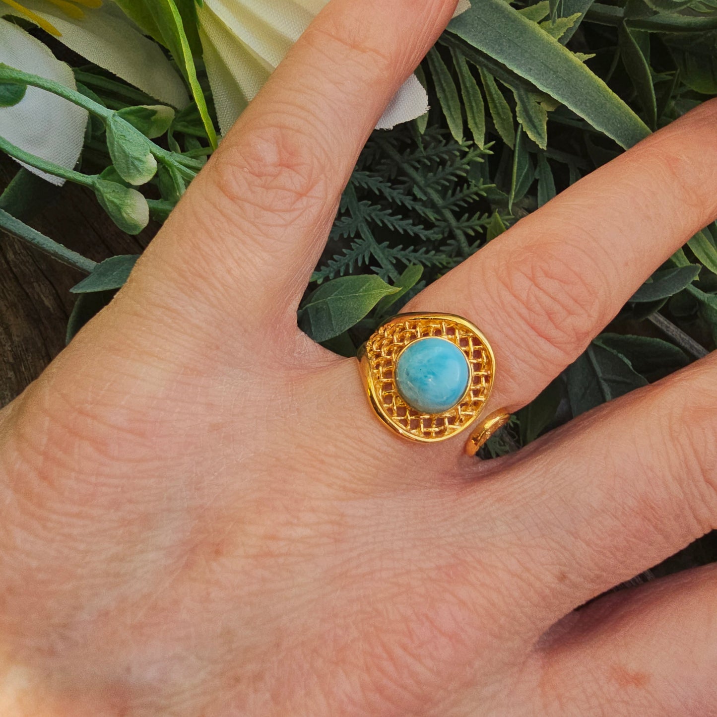 Bague réglable "Dorée" n°2 - Larimar - Argent plaqué or 925