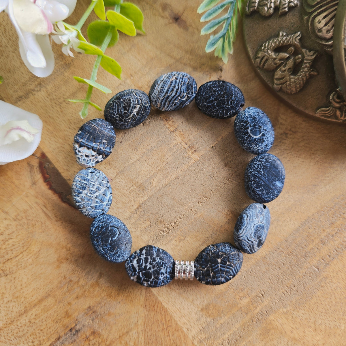 Bracelet en Agate de feu noire craquelée - ovale