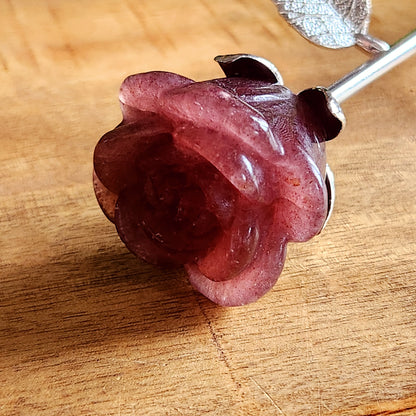 Rose en Quartz fraise - tige argentée