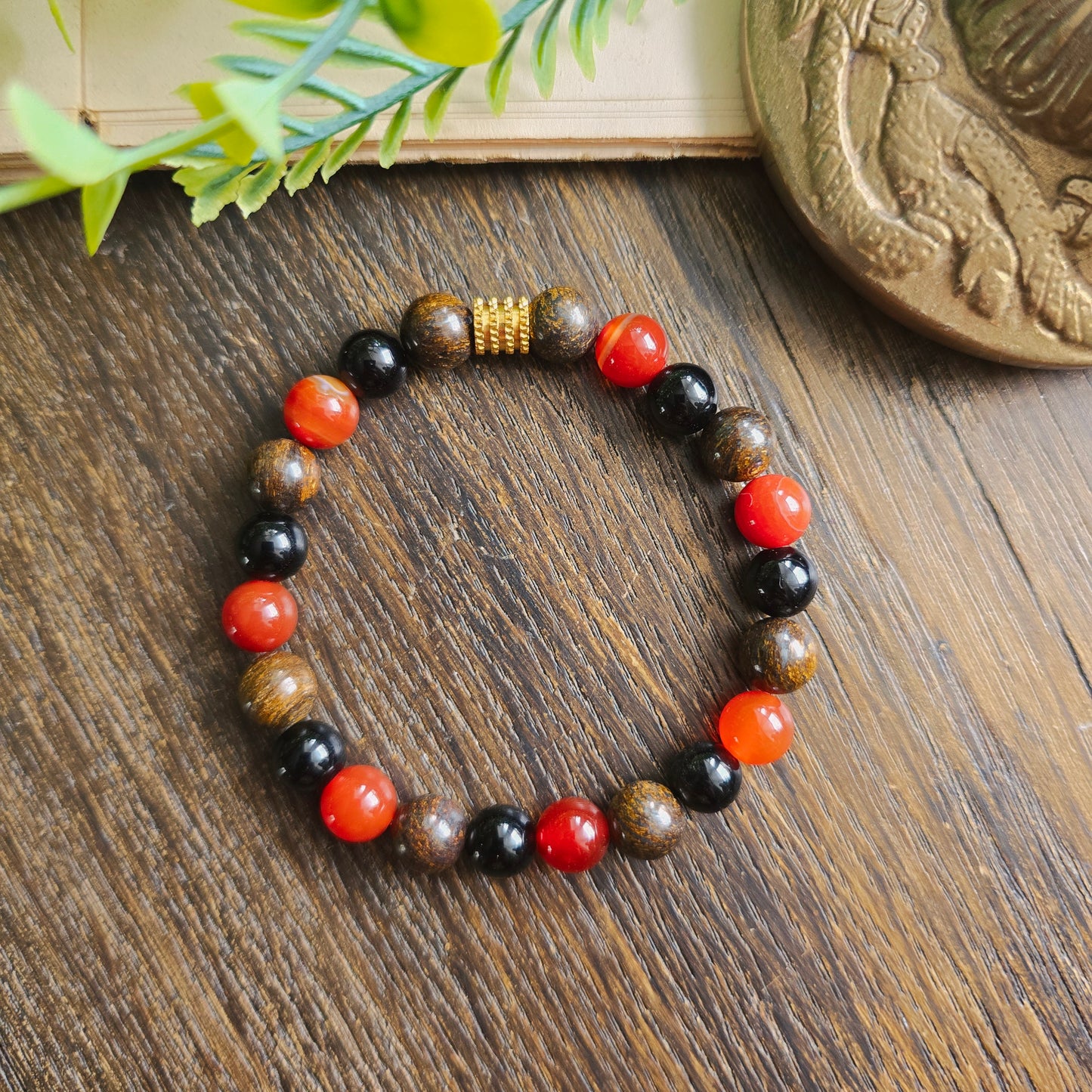 Bracelet Feu - Force vitale - Cornaline, Obsidienne noire et Bronzite