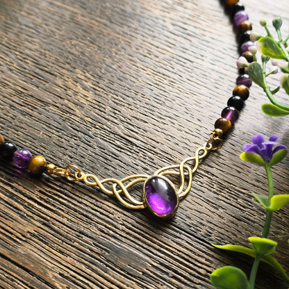 Collier "Valkyria" en Améthyste, Œil de tigre et Obsidienne noire