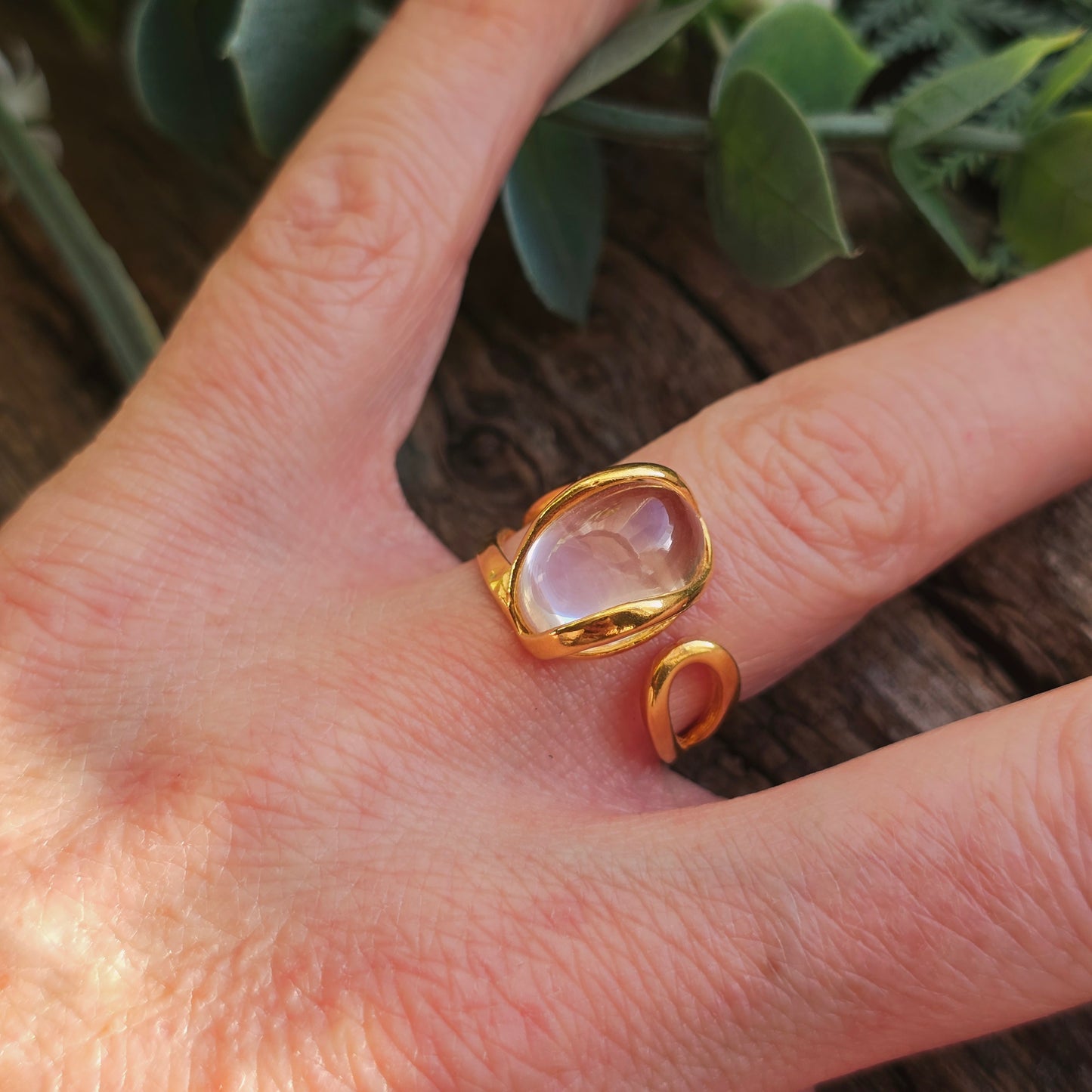 Bague réglable "Dorée" n°2 - Quartz blanc - Argent plaqué or 925